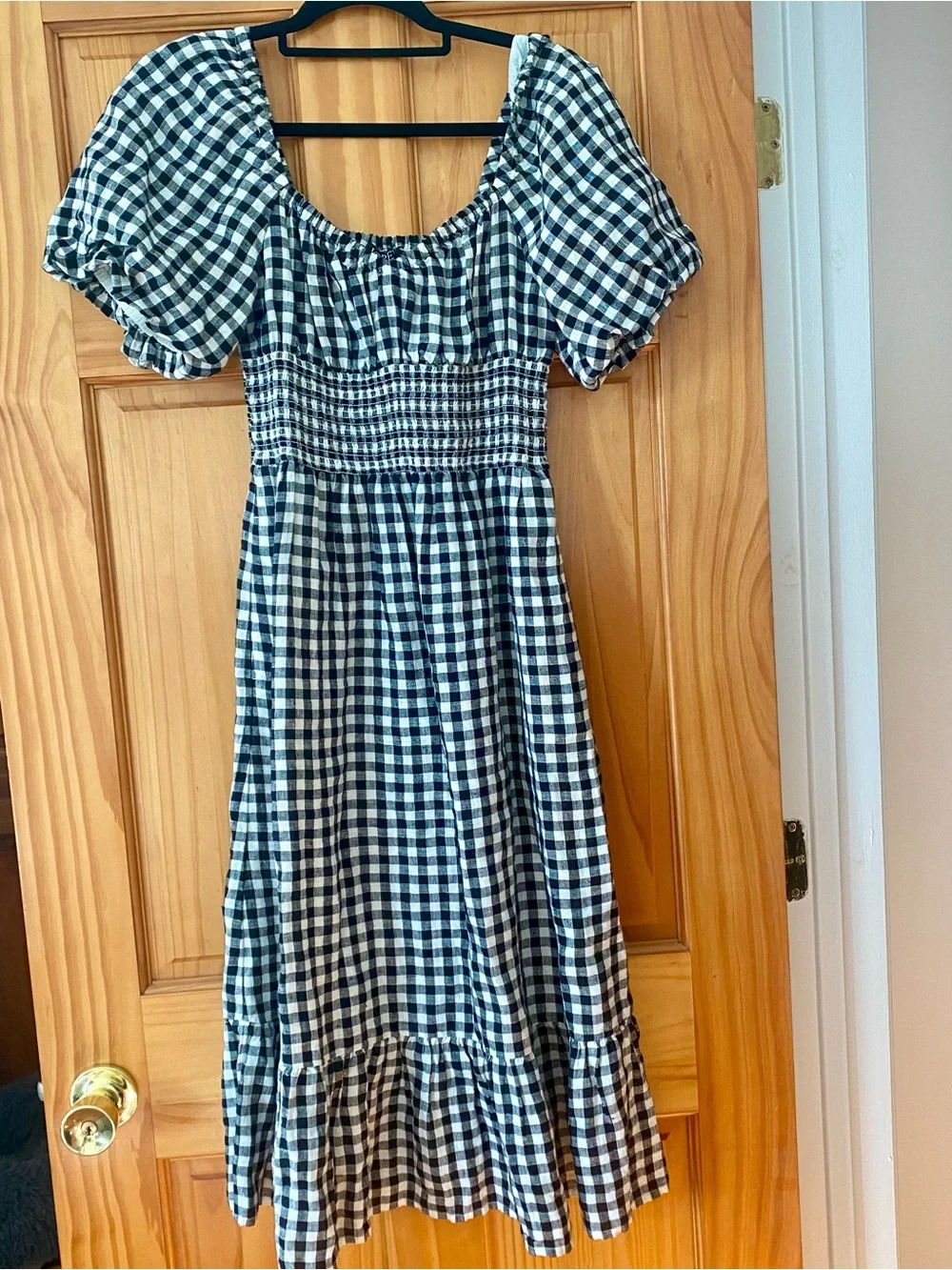J.Crew 100% Linen Gingham Smocked Puff Sleeve Midi Dress XS